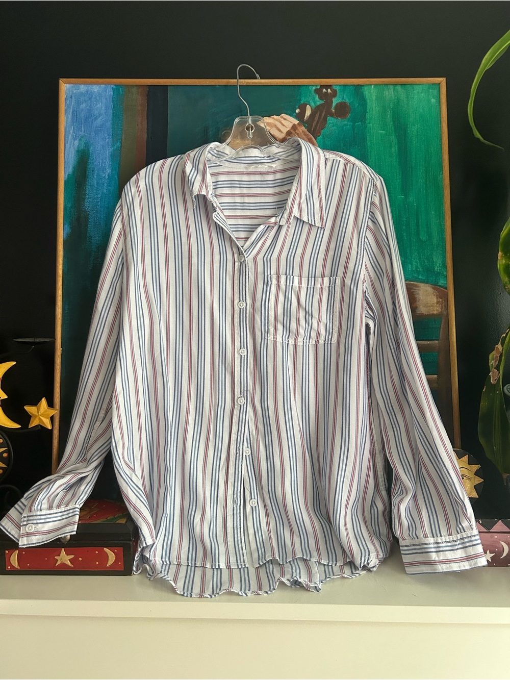 BeachLunchLounge Striped High Low Button Down Shirt Women’s L Coastal